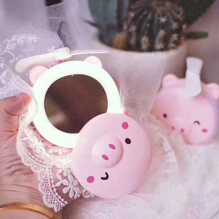 Quạt tích điện heo gương mini cầm tay 3 in 1 đèn Led fan hình con heo dễ thương tiện lợi | BigBuy360 - bigbuy360.vn