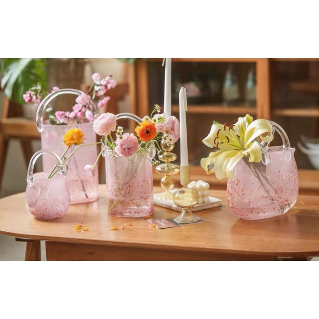Giỏ hoa thuỷ tinh-Lọ hoa thuỷ tinh hình giỏ xinh xắn[ Bộ sưu tập màu hồng]