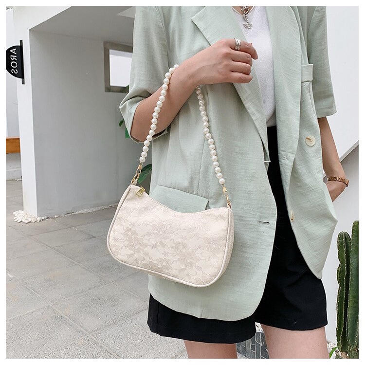 Túi đeo vai JASMIN NOIR bề mặt ren đính hạt ngọc trai nhân tạo thời trang dành cho nữ