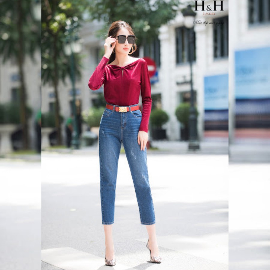 Quần jean baggy thiết kế H&H Luxury - Quần Baggy xước cạp vừa, ôm eo - Thời trang nữ công sở video tại cửa hàng