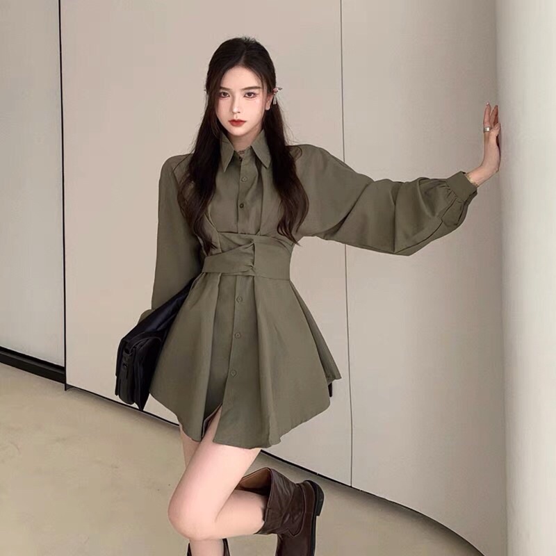 Đầm váy sơ mi vạt chéo che bụng hách dáng