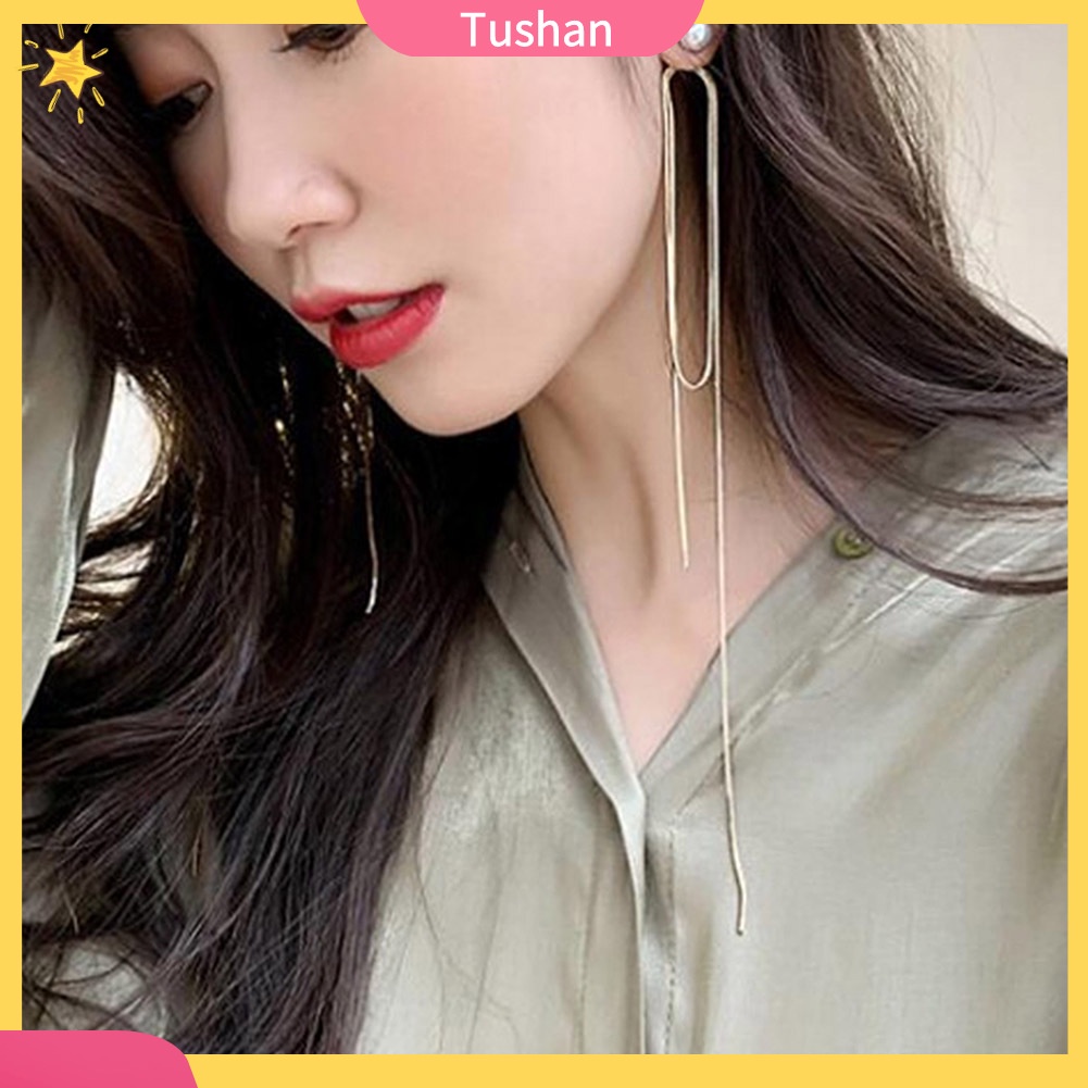 Khuyên tai tua rua dáng dài đính ngọc trai nhân tạo cho nữ TUSH