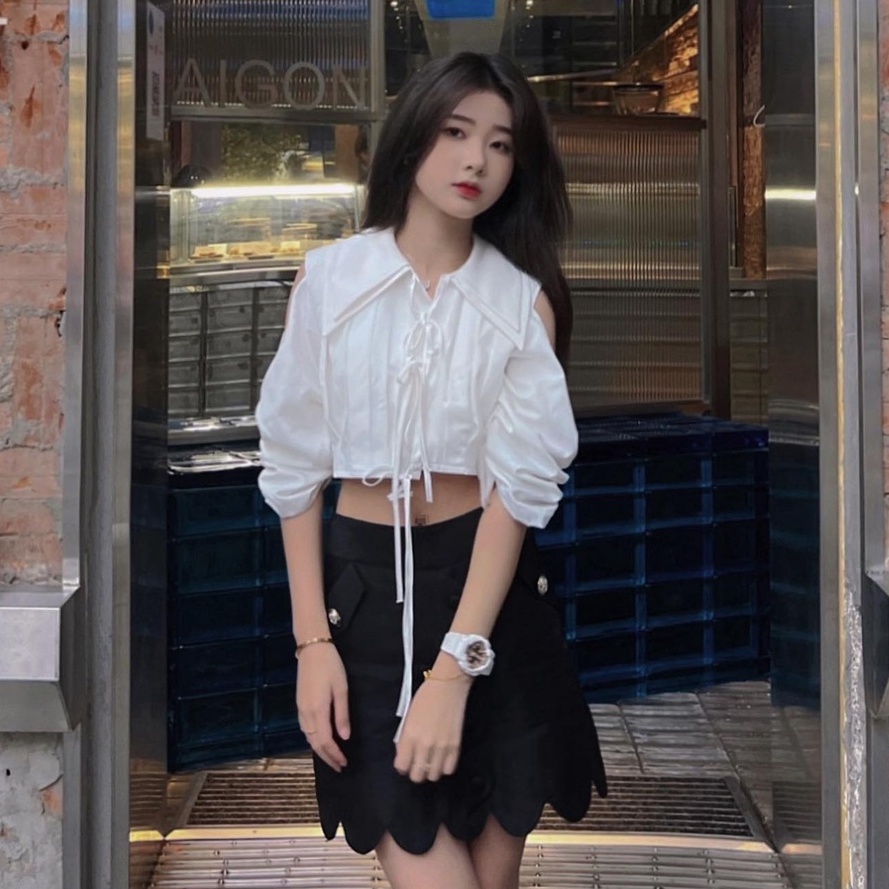 THE FANCE | Áo sơ mi croptop tay cut out vải chống nhăn DARLING CROP SHIRT