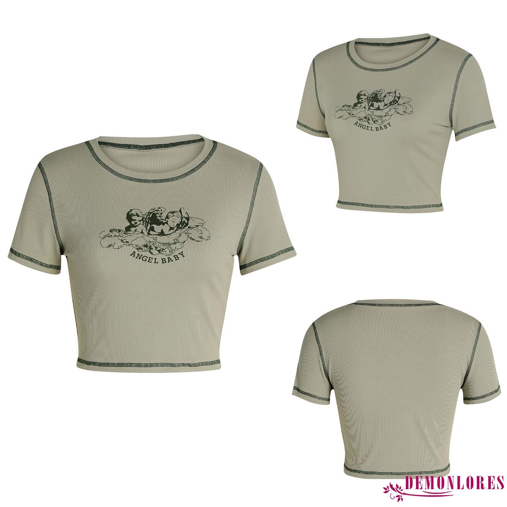 Áo croptop ngắn tay cổ tròn phối đường chỉ may màu tương phản và họa tiết thiên thần nhỏ sành điệu cho nữ