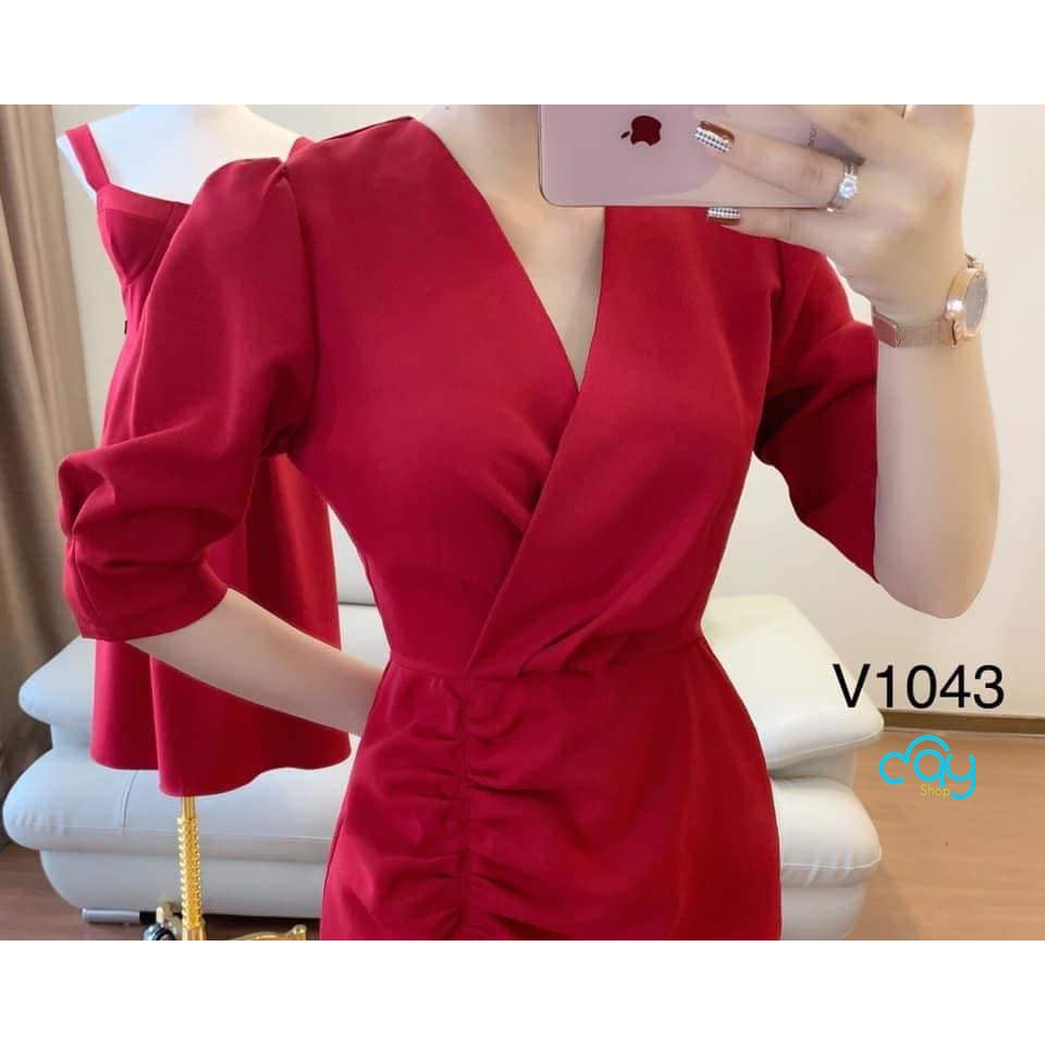 ĐẦM ĐỎ NHÚN CỔ V ĐỦ SIZE S,M,L,XL,XXL - V1043