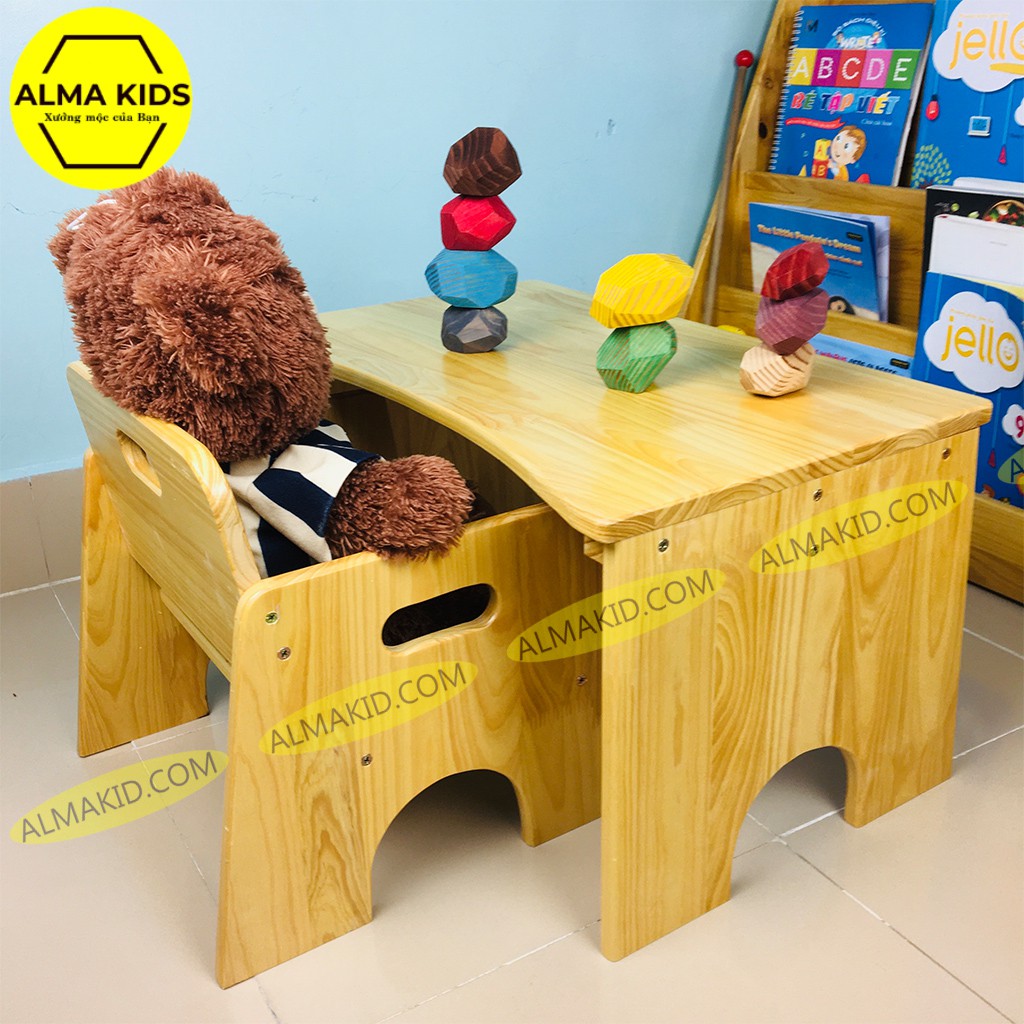 Bàn Ghế Gỗ Baby Có Tựa Cho Bé Dễ Thương Alma Kids AMK2110 - Ghế Ăn Dặm Cho Bé.