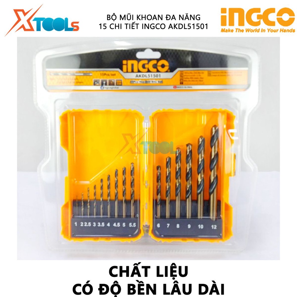 Bộ mũi khoan HSS 15 chi tiết INGCO AKDL51501 | bộ 15 mũi khoan kim loại Kích thước 1, 2, 2.5, 3, 3.5, 4, 5, 6, 7, 8, 9,
