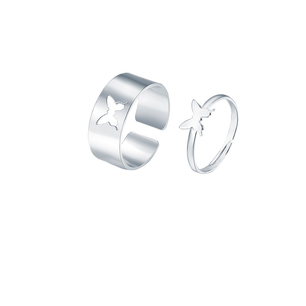 Set 2 nhẫn kim loại mạ vàng bạc hình bướm màu sắc đơn giản cho cặp đôi