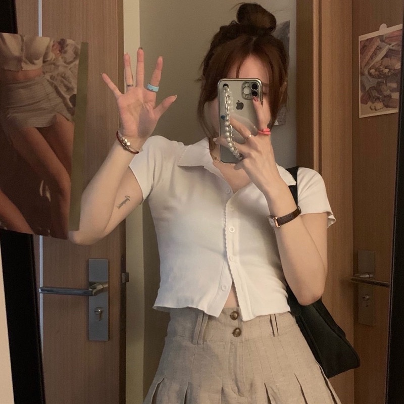 Set áo Polo ngắn & chân váy xếp ly ren