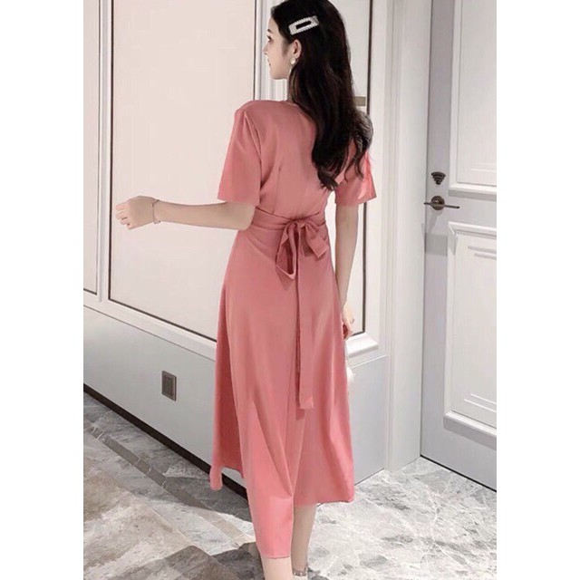 Đầm váy freesize hồng ruốc form dài chéo eo