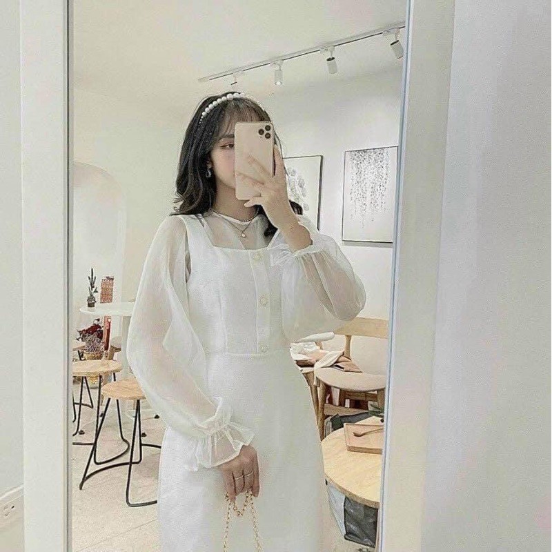 Đầm trắng cúc ngọc sang chảnh phối voan tay bồng