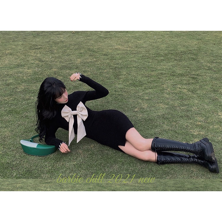 COZOK Đầm Dệt Kim Tay Dài Dáng Ôm Phối Nơ Xẻ Tà Xinh Xắn Cho Nữ