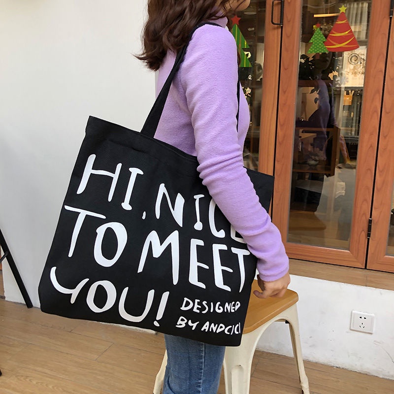 Túi tote vải canvas ulzzang unisex đi học đi làm có khoá miệng, có ngăn phụ in chữ  HI,NICE màu be