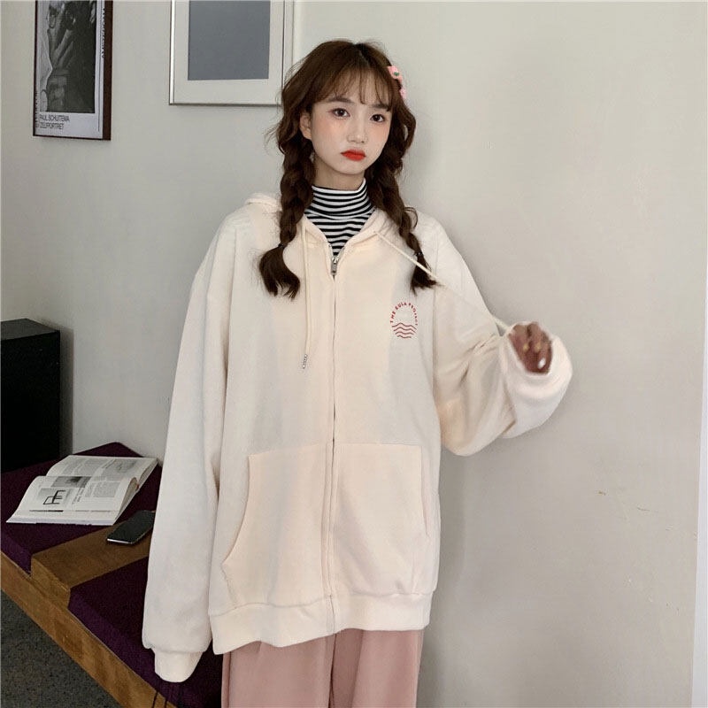 Xin LAN YA SHE Áo Khoác cardigan Có Mũ Tay Dài In Họa Tiết Phong Cách Hàn Quốc Dài Trung Bình plus size Cho Nữ Áo Khoác Nữ áo khoác nữ áo khoác