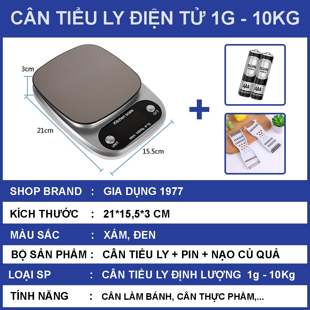 Cân tiểu ly điện tử nhà bếp mini định lượng 1g - 5kg, Cân tiểu ly làm bánh độ chính xác cao kèm 2 viên pin AAA