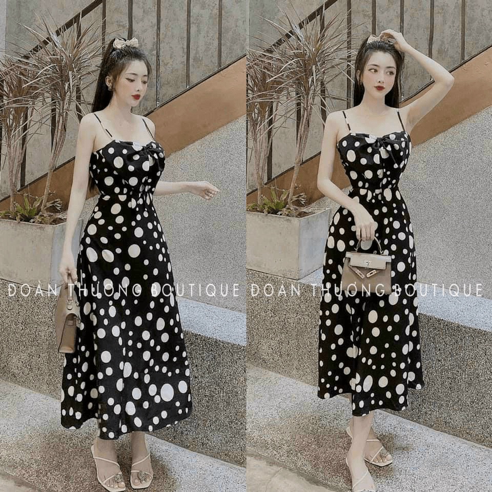 ĐẦM MAXI 2 DÂY CHẤM BI CHẤT LỤA MÁT SIÊU TÔN DÁNG SÁNG DA