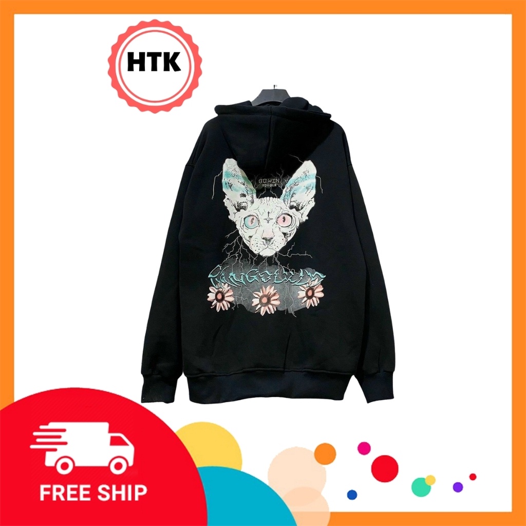 Ao khoác nỉ khóa kéo in hình mèo 3 hoa nam nữ thu đông
