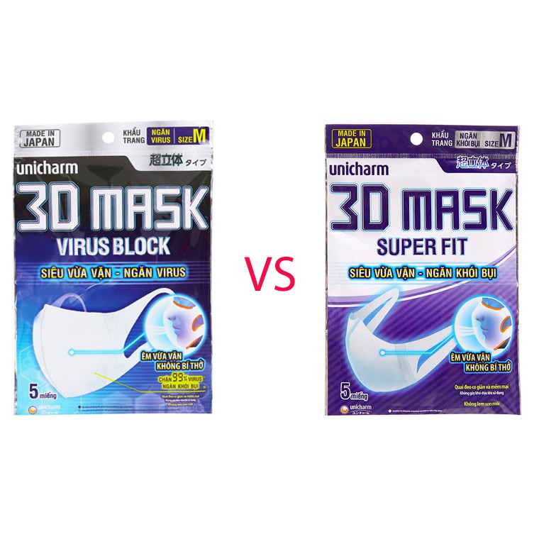 Khẩu Trang Unicharm 3D Mask Virus Block Ngăn Virut/ Ngăn Khói Bụi Gói 5 Cái