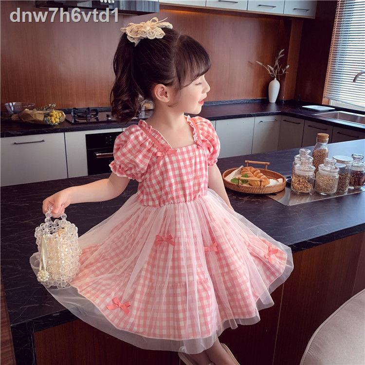 Cô gái có tay phồng Váy mùa hè 2021 phiên bản mới của trẻ em Hàn Quốc của phong cách phương tây váy lưới kiểm tra cô bé