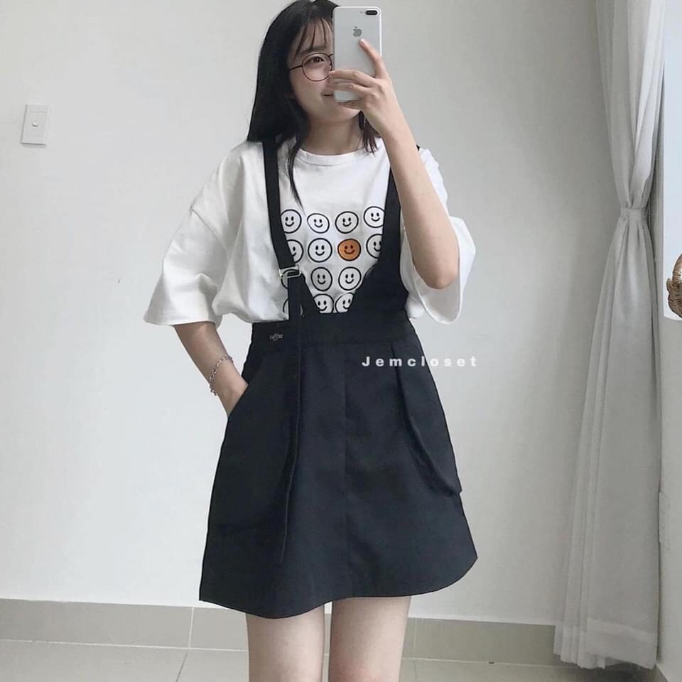 Set Váy Nữ, Set Yếm Lệch Vạt Mix Áo Thun Icon Siêu Xinh Hàng Loại 1