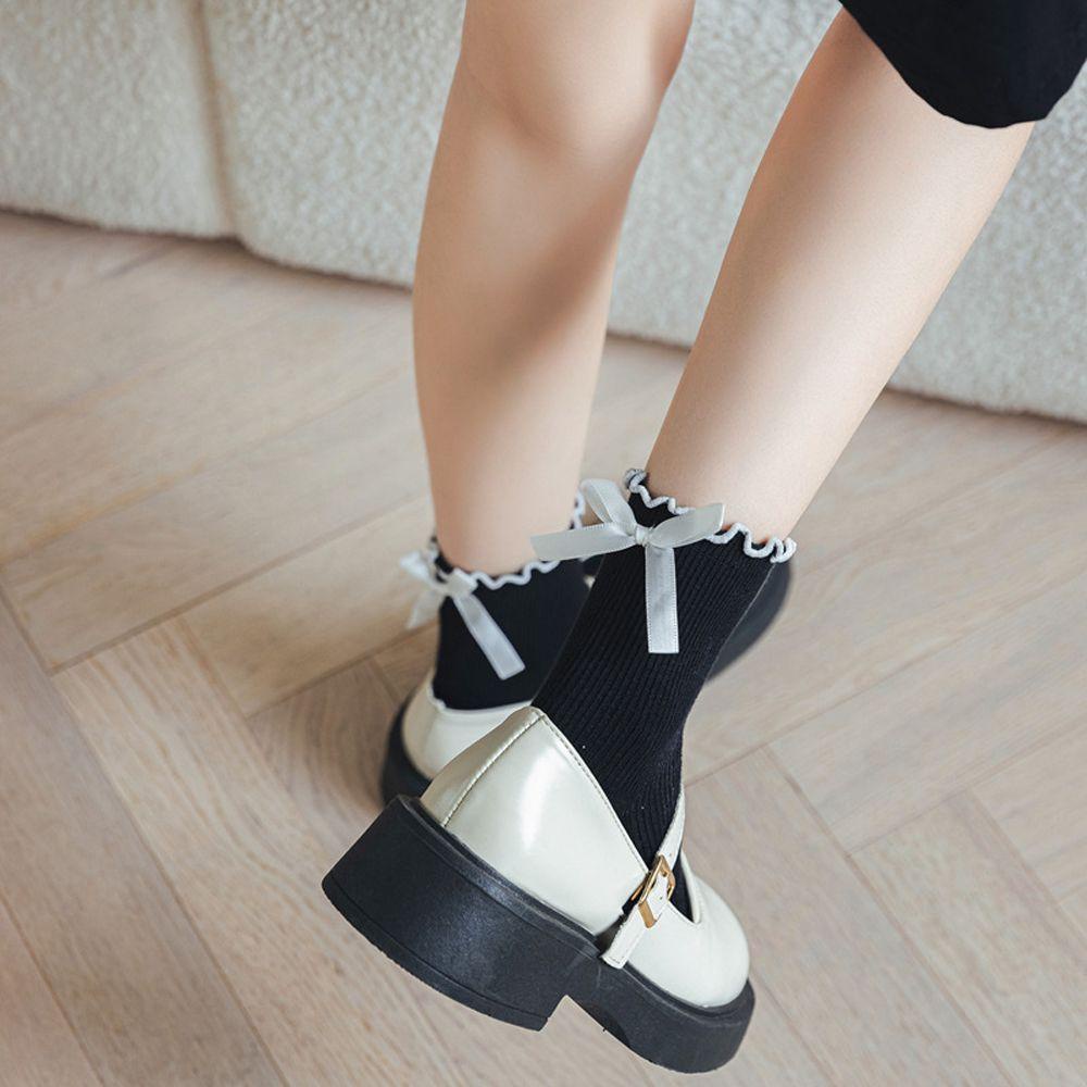 Vớ Cotton Màu Trơn Đính Nơ Phong Cách Harajuku Nhật Bản Cho Nữ