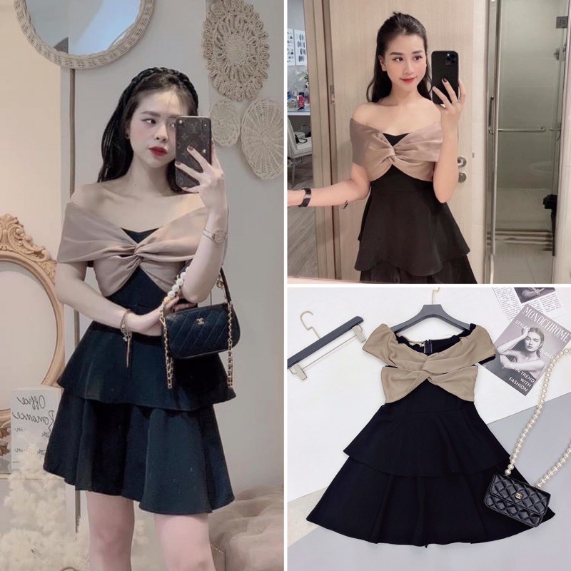D407 Đầm Trễ Vai Phối Xoắn Ngực Thanh Lịch , Đuôi Váy Xếp Tầng Dáng Xoè Xinh Xắn