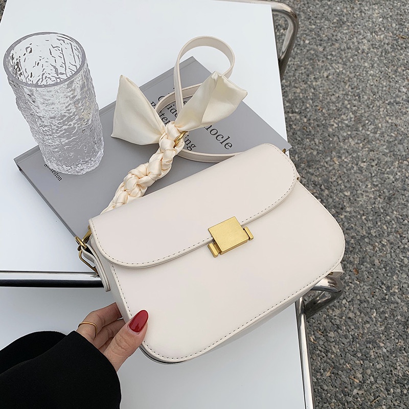 Túi đeo chéo đeo vai dây da phối khăn lụa hàng quảng châu có khóa miệng túi thời thượng trẻ trung