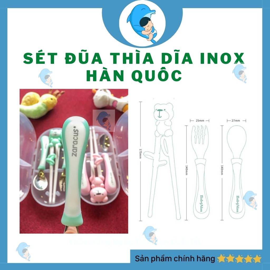 Set Đũa Thìa Dĩa Cho Bé Ăn Dặm Hình Gấu Dễ Thương Cho Bé 1-5 Tuổi, Ăn Dặm BLW/ Ăn Dặm Kiểu Nhật Bằng Inox Hàn Quốc