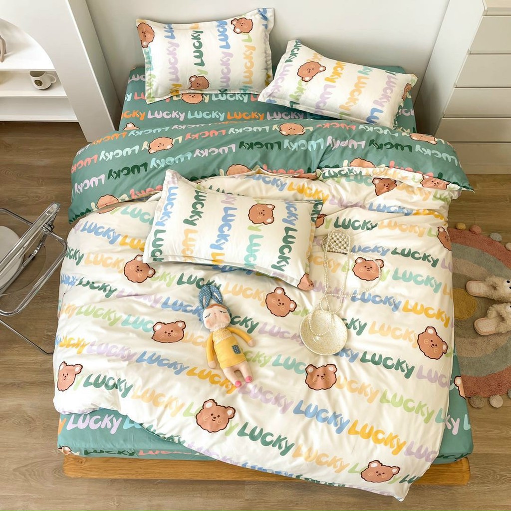 Bộ chăn ga gối cotton poly gấu chữ đủ size - Mẫu gấu &amp; chữ