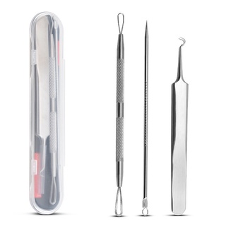 Bộ 3 Cây Que Nặn Mụn Bằng Thép Cao Cấp Không Gỉ Gồm 5 Đầu Chuyên Dụng Có Nhíp Gắp Cực Kì An Toàn (Full Box)