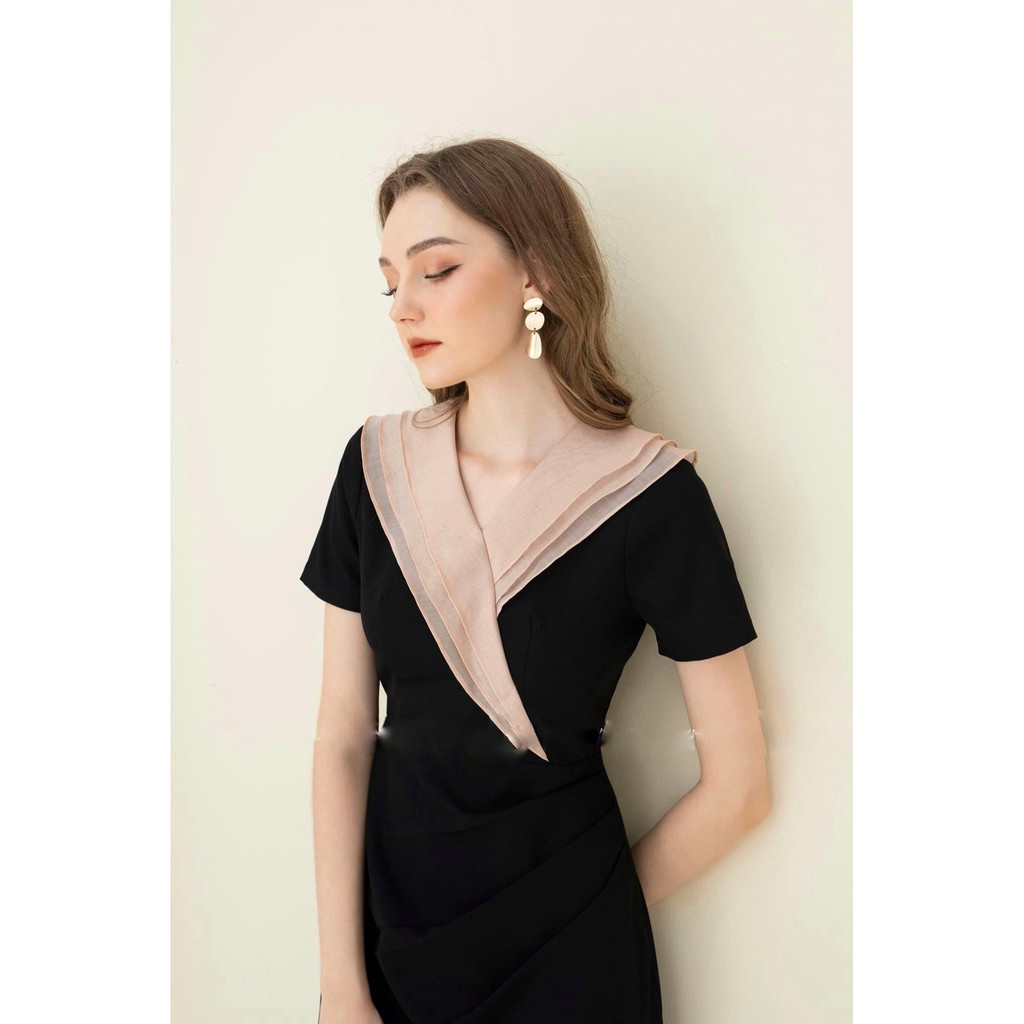 [ẢNH THẬT] Đầm công sở sang trọng tôn dáng xuongmayhuydung- Váy đen phối be cổ tim hàng loại 1 | BigBuy360 - bigbuy360.vn