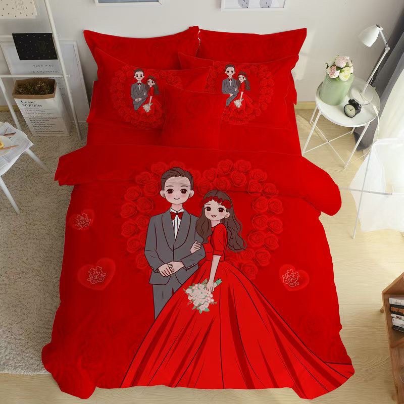 Bộ Chăn Ga Gối Cotton Tina 3D - Cô Dâu Đỏ