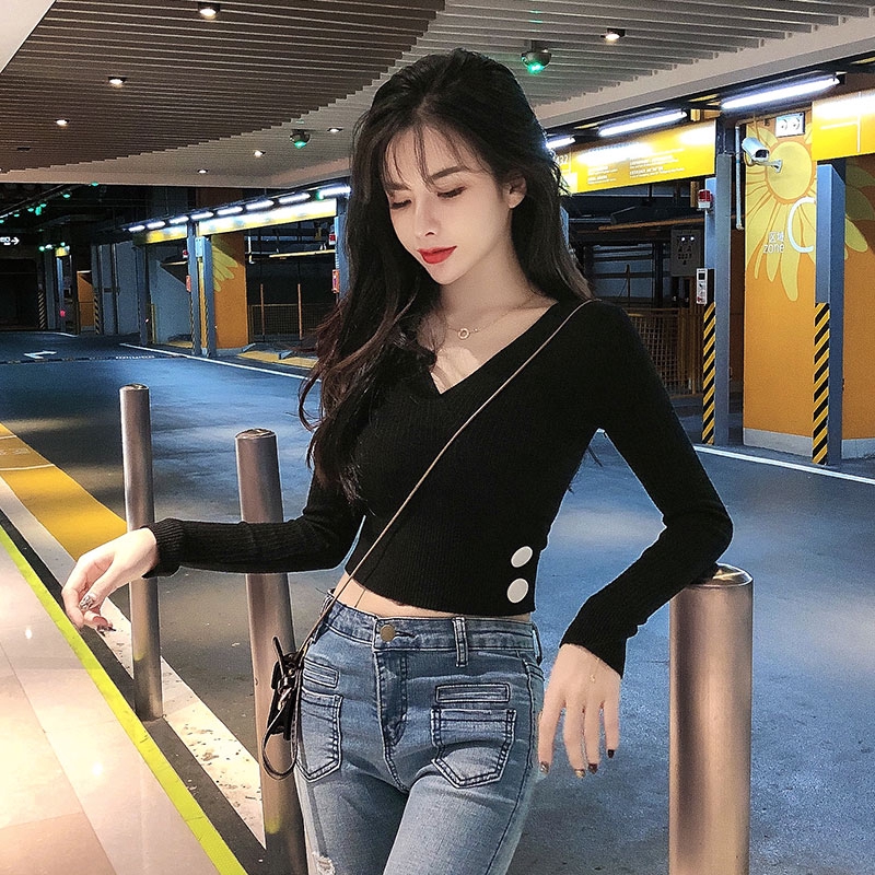 Áo dệt kim vạt chéo dài tay dáng ôm thời trang