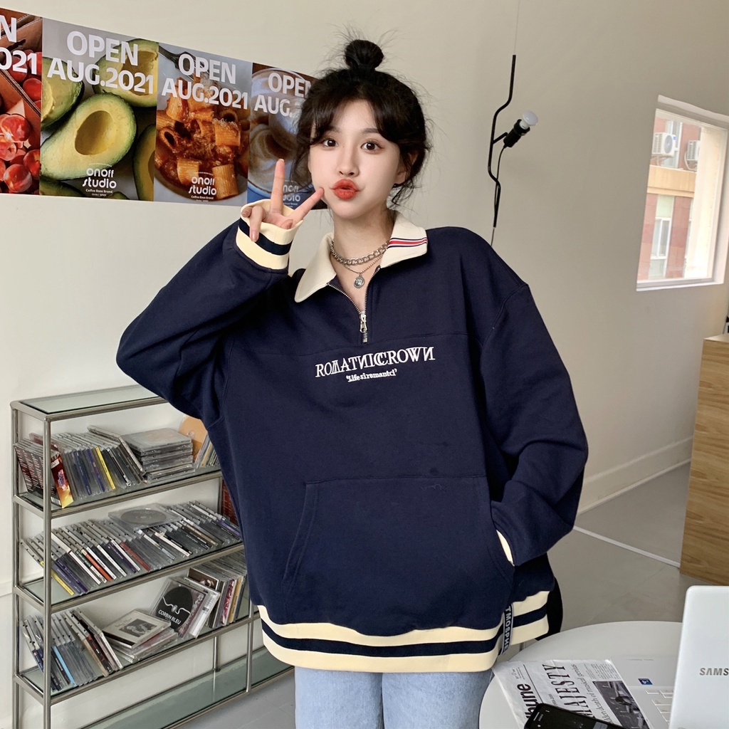 Áo sweater cổ polo thêu chữ thời trang xuân thu cho nữ