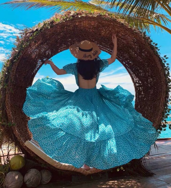 (Ảnh thật) Váy đầm maxi hở lưng boho xẻ tà tay cánh tiên dáng xoè dài màu xanh siêu đẹp | BigBuy360 - bigbuy360.vn