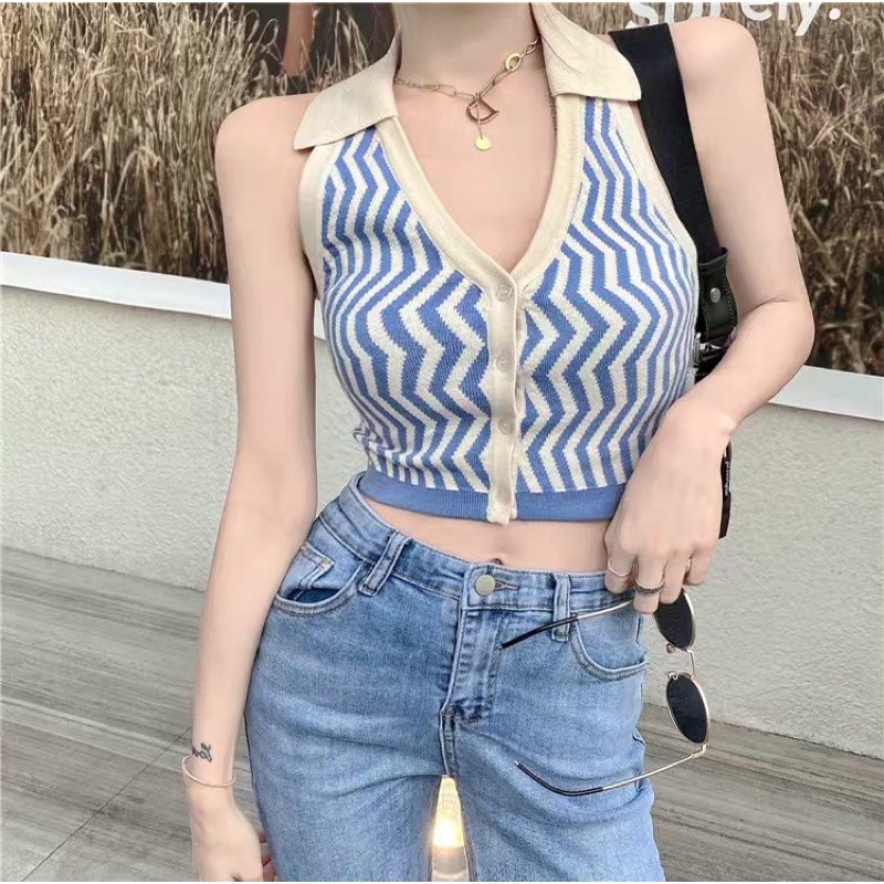 Áo kiểu cổ yếm sọc cổ bẻ croptop thun gân tâm