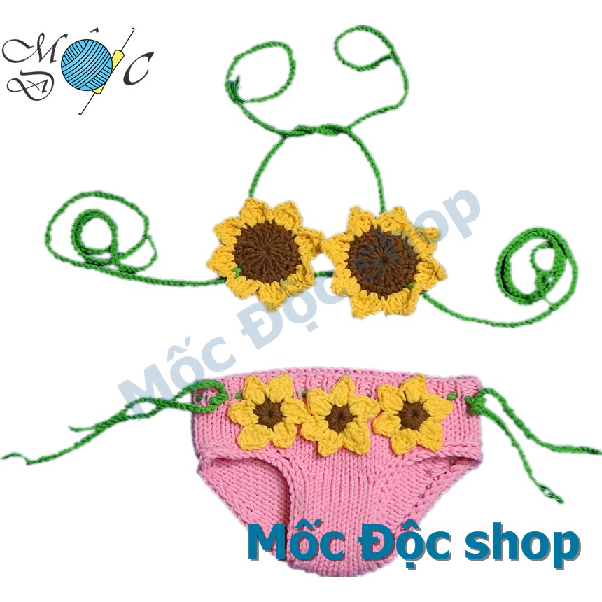 Bikini len cho bé [kiểu hoa hướng dương, tặng kèm túi tỏi] đồ bơi len handmade cho bé gái đi biển chụp hình