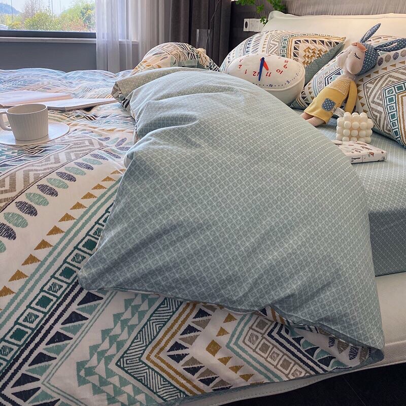 SET CHĂN GA GỐI COTTON LIVING. mẫu thổ cẩm xanh