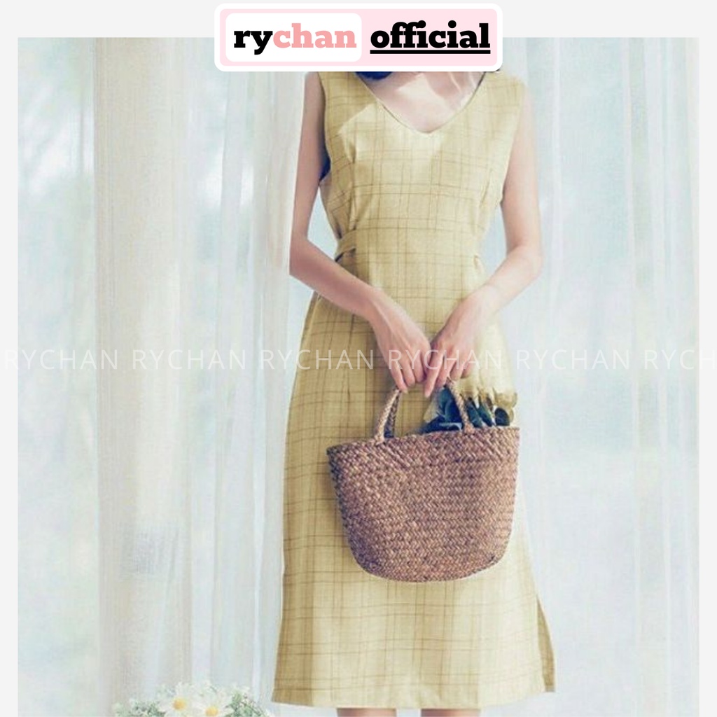 Đầm Nữ Đi Biển Sọc Kẻ Cổ V Không Tay Cực Tươi Mát, Đầm Nữ XInh Cực Retro Vintage Màu Vàng [ẢNH THẬT CUỐI] - DX9805
