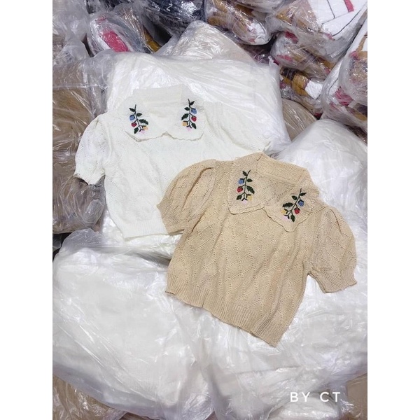Áo len mỏng dáng croptop bo eo cổ thêu hoa Vintage