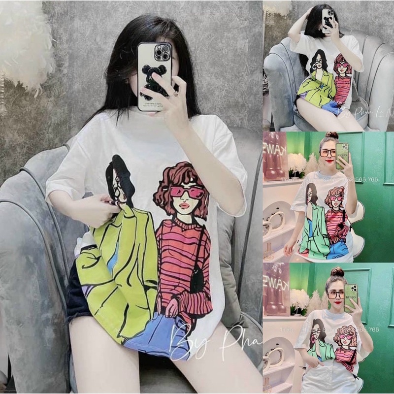 Áo thun 2 cô gái tay lỡ dáng rộng hottrend