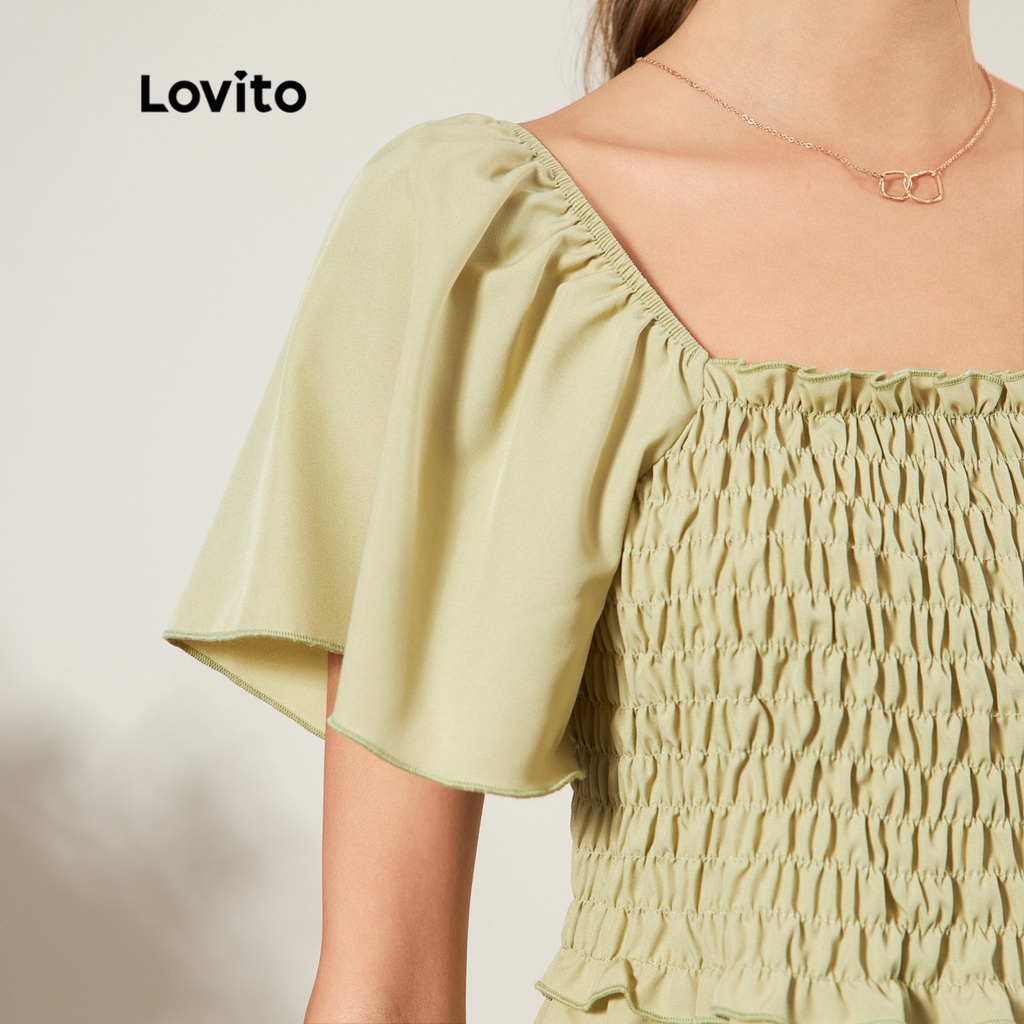 Áo kiểu Lovito màu trơn may nhún chun viền nhún bèo cảm giác mát phong cách thường ngày L25ED018 (màu xanh lá nhạt)