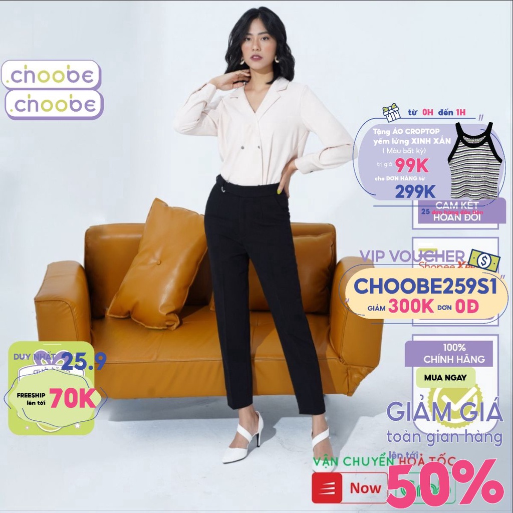 Quần baggy nữ Choobe cạp cao khuyên chữ D chất vải Vitex đồ công sở cao cấp form dáng chuẩn - Q04