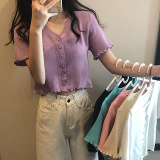 Áo Croptop Dệt Kim Ngắn Tay Phối Ren Xinh Xắn Cho Nữ