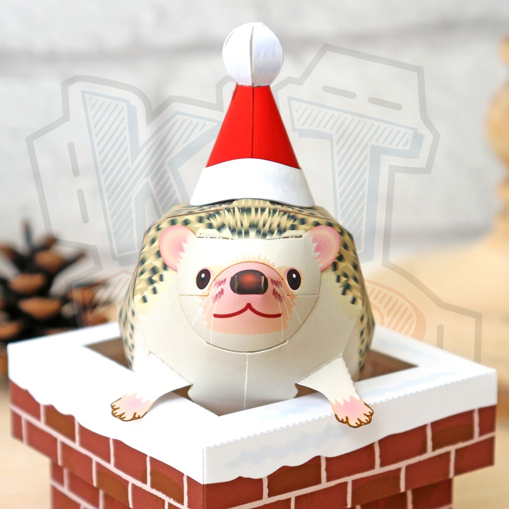 Mô hình giấy động vật Giáng sinh Nhím cute Noel