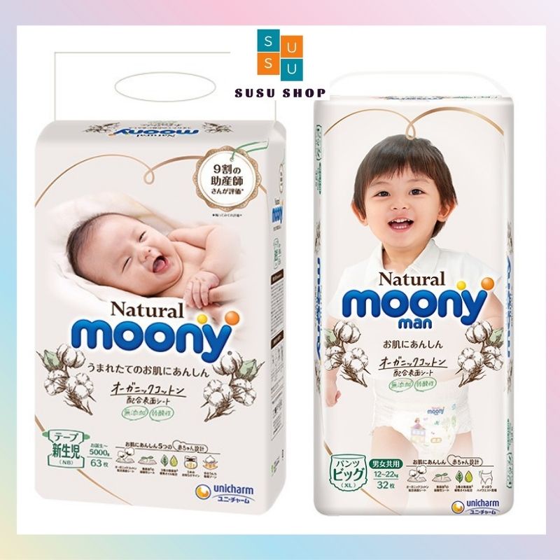 Bỉm Moony Natural Nội Địa Nhật dán/quần size NB63/S58/M46/L36/L38/XL32