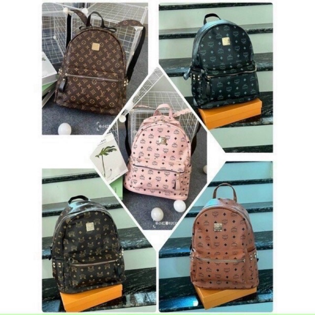 [Best Quality} Balo M.C.M Stark size 32x40cm, M C M Backpack bản lót da cao cấp, Màu Nâu, Đen, Kem, Hồng