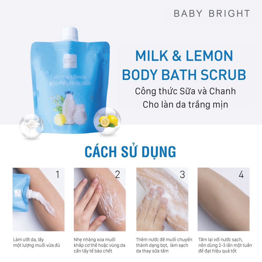 Muối tẩy da chết Baby Bright Milk and Lemon Body Bath Scrub Muối Sữa Bò Và Chanh 250g