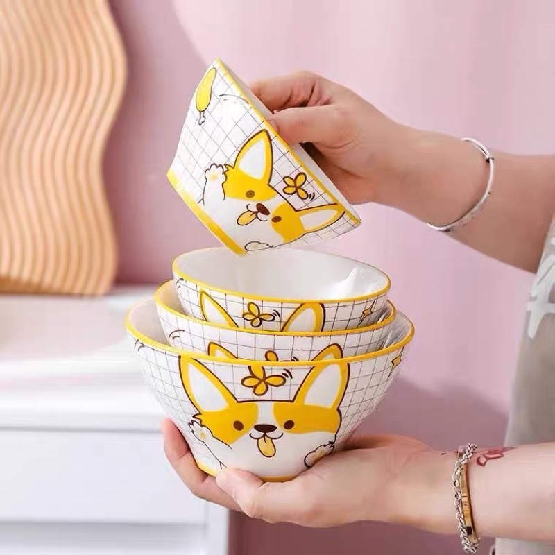 Set Bát Đĩa Decor Chén Dĩa Sứ Hoạ Tiết Chó Corgi Vàng Bát Ăn Cơm Tô Sứ Decor Dễ Thương