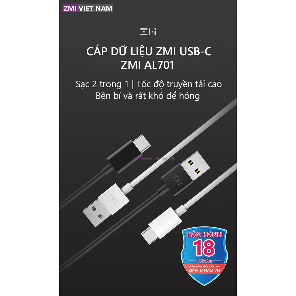 [ ZMI VIỆT NAM ] Dây Cáp Type C ZMI AL701, Sạc Nhanh 3A, Dài 1m | Bảo Hành 18 Tháng